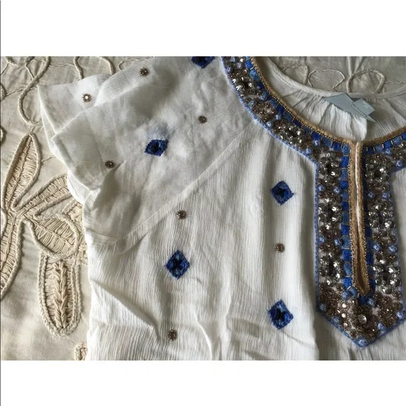 Anthropologie Maeve embellished embroidered top XS jeweled boho gauzy white - Picture 7 of 8